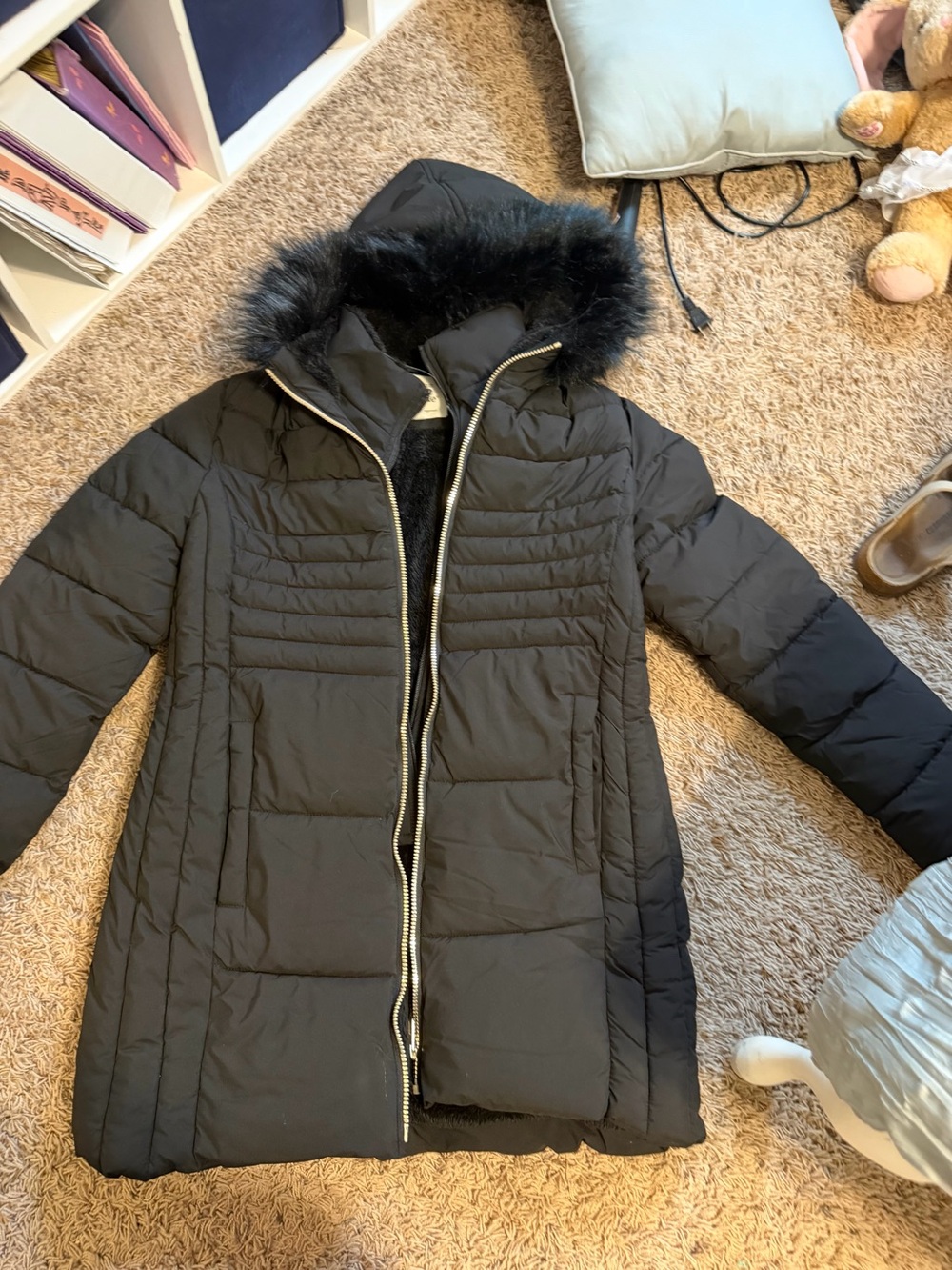 Maralyn & Me Black Quilted Puffer Coat with Faux-Fur Hood Trim